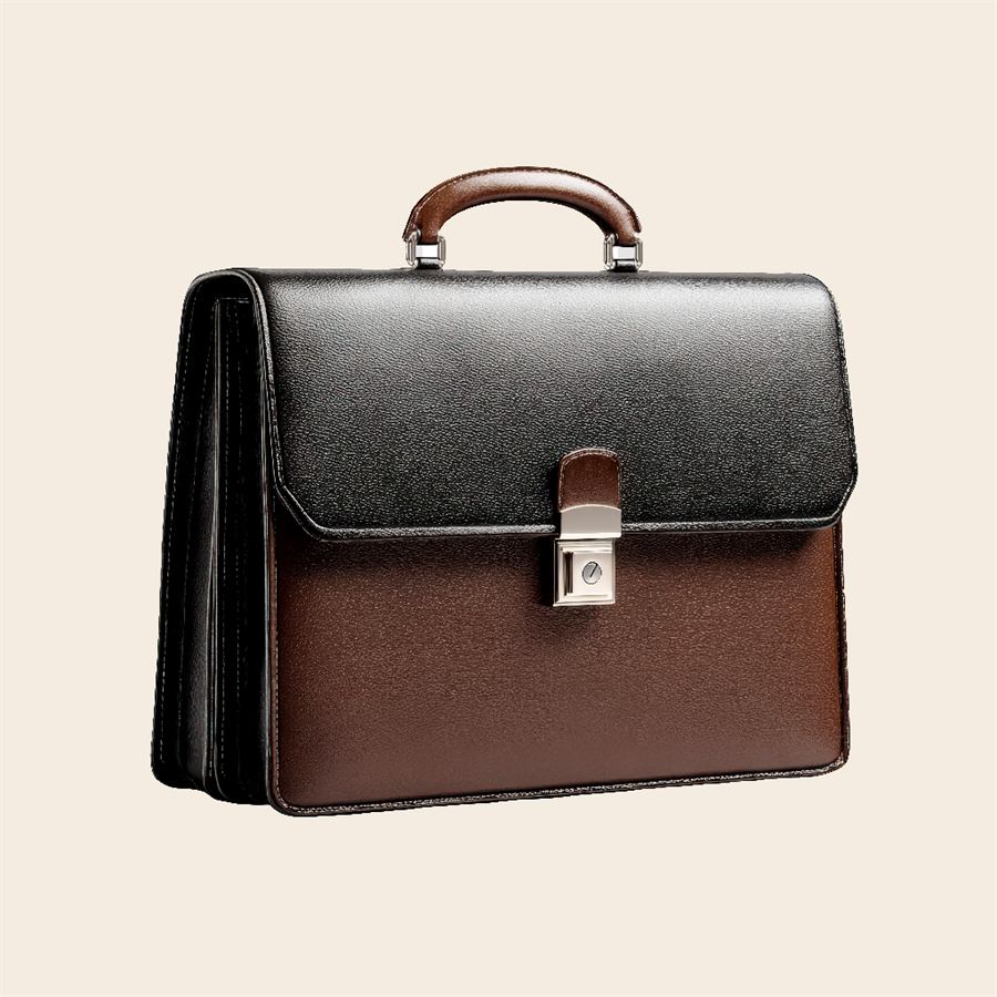 Black and brown leather flap briefcase with a top handle and push lock