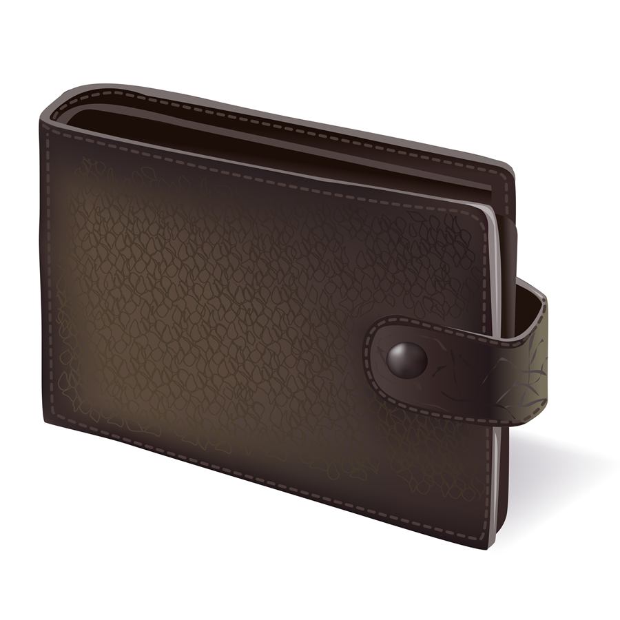 Illustration of a dark brown leather purse with a snap-tab closure