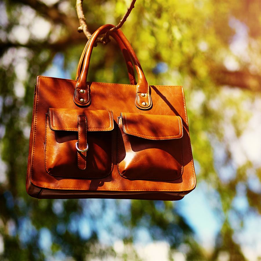 Tan leather tote with two front flap pockets hanging from a tree branch
